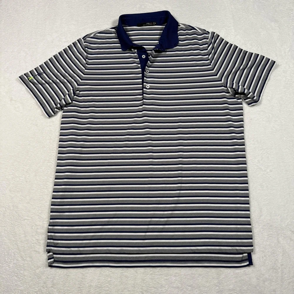 Ralph Lauren RLX Polo Shirt Mens XL Blue Gray White Striped Golf BHCC 1912 Logo‎